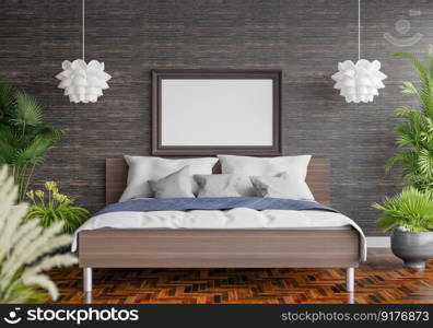 3D illustration Mock up poster frame in bedroom interior, Decorated with beautiful and comfortable furniture, Rendering