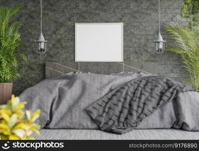 3D illustration Mock up poster frame in bedroom interior, Decorated with beautiful and comfortable furniture, Rendering