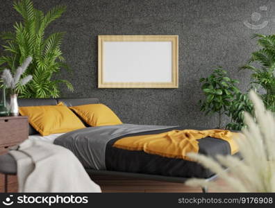 3D illustration Mock up poster frame in bedroom interior, Decorated with beautiful and comfortable furniture, Rendering