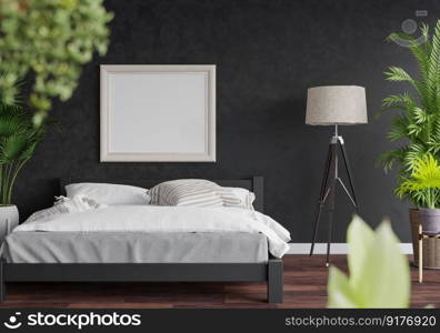 3D illustration Mock up poster frame in bedroom interior, Decorated with beautiful and comfortable furniture, Rendering