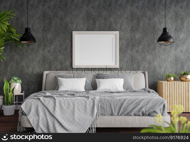 3D illustration Mock up poster frame in bedroom interior, Decorated with beautiful and comfortable furniture, Rendering