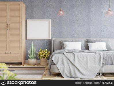 3D illustration Mock up poster frame in bedroom interior, Decorated with beautiful and comfortable furniture, Rendering