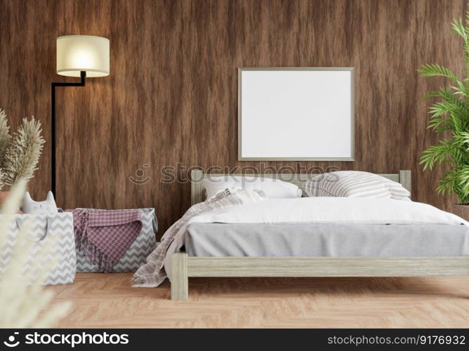 3D illustration Mock up poster frame in bedroom interior, Decorated with beautiful and comfortable furniture, Rendering