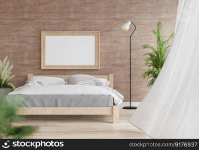 3D illustration Mock up poster frame in bedroom interior, Decorated with beautiful and comfortable furniture, Rendering