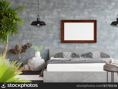 3D illustration Mock up poster frame in bedroom interior, Decorated with beautiful and comfortable furniture, Rendering