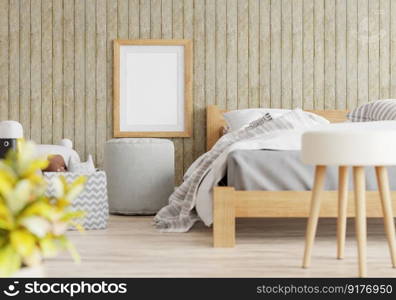 3D illustration Mock up poster frame in bedroom interior, Decorated with beautiful and comfortable furniture, Rendering