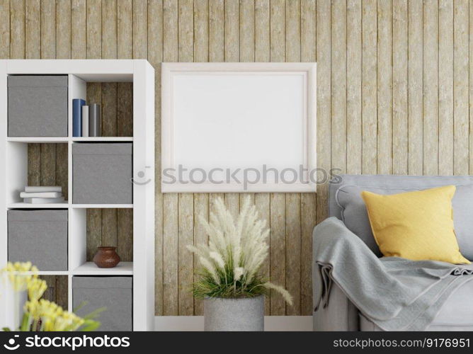 3D illustration Mock up poster frame in bedroom interior, Decorated with beautiful and comfortable furniture, Rendering