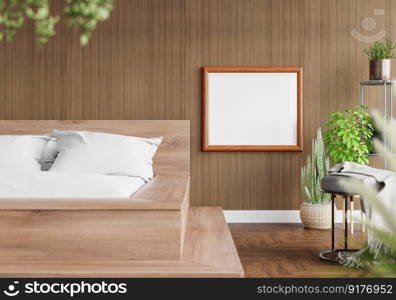 3D illustration Mock up poster frame in bedroom interior, Decorated with beautiful and comfortable furniture, Rendering