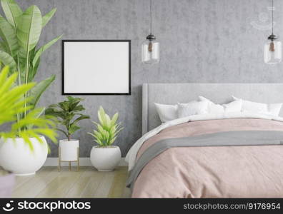 3D illustration Mock up poster frame in bedroom interior, Decorated with beautiful and comfortable furniture, Rendering