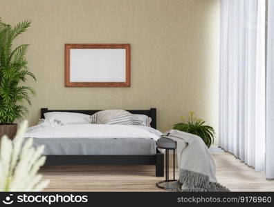 3D illustration Mock up poster frame in bedroom interior, Decorated with beautiful and comfortable furniture, Rendering