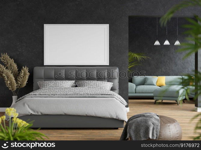 3D illustration Mock up poster frame in bedroom interior, Decorated with beautiful and comfortable furniture, Rendering