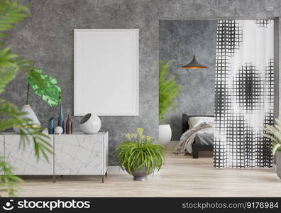 3D illustration Mock up poster frame in bedroom interior, Decorated with beautiful and comfortable furniture, Rendering