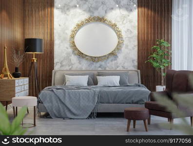 3D illustration Mock up poster frame in bedroom interior, Decorated with beautiful and comfortable furniture, Rendering