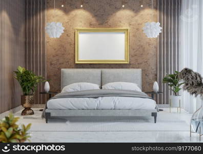 3D illustration Mock up poster frame in bedroom interior, Decorated with beautiful and comfortable furniture, Rendering