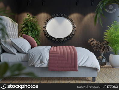 3D illustration Mock up poster frame in bedroom interior, Decorated with beautiful and comfortable furniture, Rendering