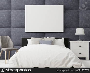 3D illustration Mock up poster frame in bedroom interior, Decorated with beautiful and comfortable furniture, Rendering