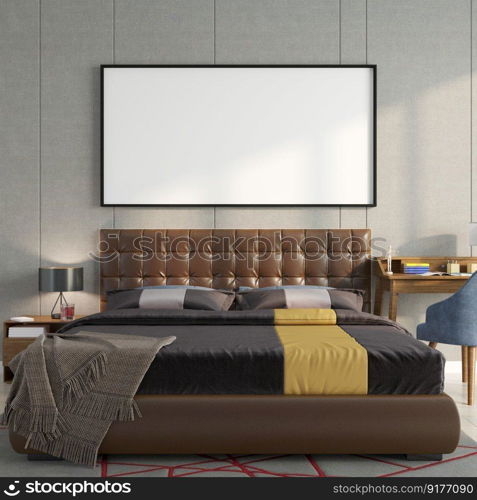 3D illustration Mock up poster frame in bedroom interior, Decorated with beautiful and comfortable furniture, Rendering