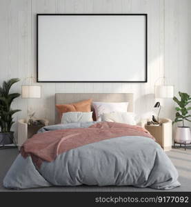 3D illustration Mock up poster frame in bedroom interior, Decorated with beautiful and comfortable furniture, Rendering