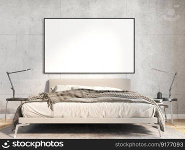 3D illustration Mock up poster frame in bedroom interior, Decorated with beautiful and comfortable furniture, Rendering