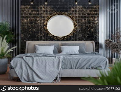 3D illustration Mock up poster frame in bedroom interior, Decorated with beautiful and comfortable furniture, Rendering