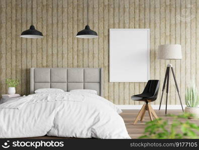 3D illustration Mock up poster frame in bedroom interior, Decorated with beautiful and comfortable furniture, Rendering