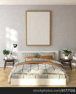 3D illustration Mock up poster frame in bedroom interior, Decorated with beautiful and comfortable furniture, Rendering