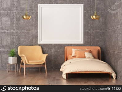 3D illustration Mock up poster frame in bedroom interior, Decorated with beautiful and comfortable furniture, Rendering