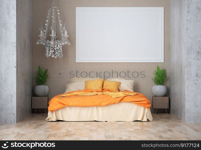 3D illustration Mock up poster frame in bedroom interior, Decorated with beautiful and comfortable furniture, Rendering