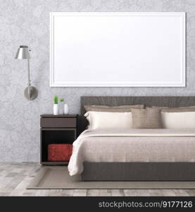 3D illustration Mock up poster frame in bedroom interior, Decorated with beautiful and comfortable furniture, Rendering