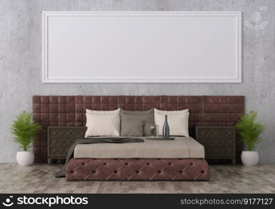 3D illustration Mock up poster frame in bedroom interior, Decorated with beautiful and comfortable furniture, Rendering