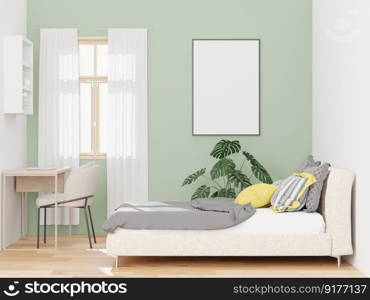 3D illustration Mock up poster frame in bedroom interior, Decorated with beautiful and comfortable furniture, Rendering