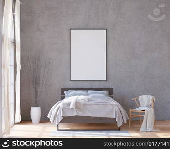 3D illustration Mock up poster frame in bedroom interior, Decorated with beautiful and comfortable furniture, Rendering