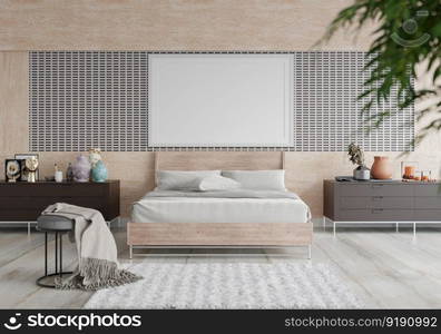 3D illustration Mock up poster frame in bedroom interior, Decorated with beautiful and comfortable furniture, Rendering