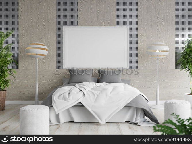 3D illustration Mock up poster frame in bedroom interior, Decorated with beautiful and comfortable furniture, Rendering