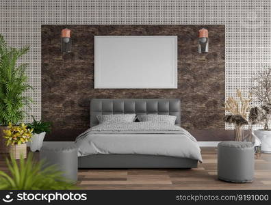 3D illustration Mock up poster frame in bedroom interior, Decorated with beautiful and comfortable furniture, Rendering