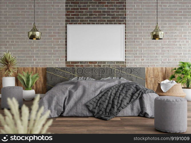 3D illustration Mock up poster frame in bedroom interior, Decorated with beautiful and comfortable furniture, Rendering