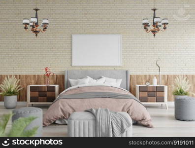 3D illustration Mock up poster frame in bedroom interior, Decorated with beautiful and comfortable furniture, Rendering