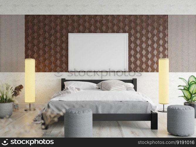 3D illustration Mock up poster frame in bedroom interior, Decorated with beautiful and comfortable furniture, Rendering