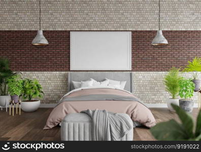 3D illustration Mock up poster frame in bedroom interior, Decorated with beautiful and comfortable furniture, Rendering