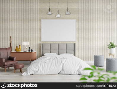 3D illustration Mock up poster frame in bedroom interior, Decorated with beautiful and comfortable furniture, Rendering