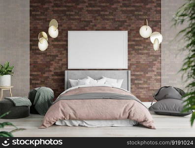 3D illustration Mock up poster frame in bedroom interior, Decorated with beautiful and comfortable furniture, Rendering