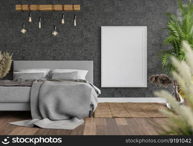 3D illustration Mock up poster frame in bedroom interior, Decorated with beautiful and comfortable furniture, Rendering