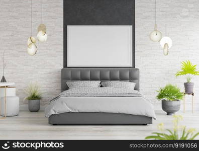 3D illustration Mock up poster frame in bedroom interior, Decorated with beautiful and comfortable furniture, Rendering