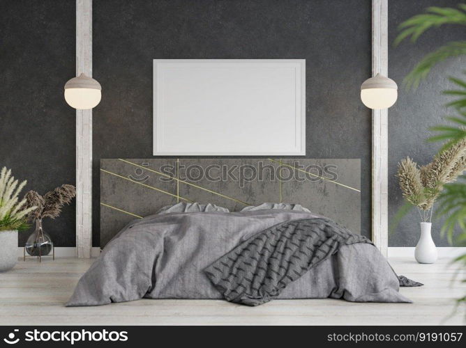 3D illustration Mock up poster frame in bedroom interior, Decorated with beautiful and comfortable furniture, Rendering