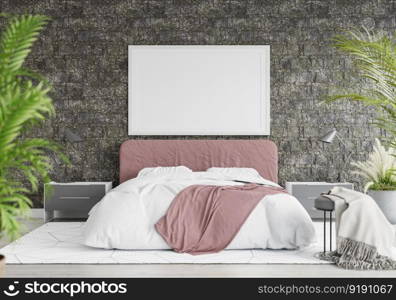 3D illustration Mock up poster frame in bedroom interior, Decorated with beautiful and comfortable furniture, Rendering