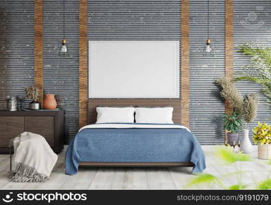 3D illustration Mock up poster frame in bedroom interior, Decorated with beautiful and comfortable furniture, Rendering