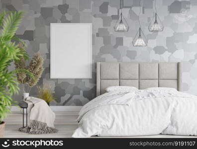 3D illustration Mock up poster frame in bedroom interior, Decorated with beautiful and comfortable furniture, Rendering