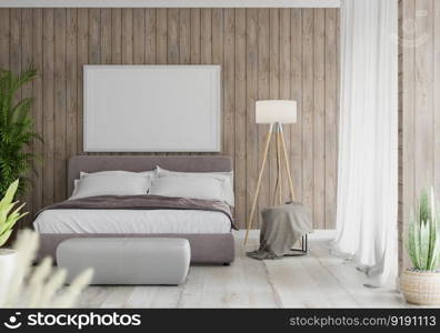 3D illustration Mock up poster frame in bedroom interior, Decorated with beautiful and comfortable furniture, Rendering