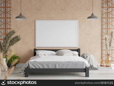 3D illustration Mock up poster frame in bedroom interior, Decorated with beautiful and comfortable furniture, Rendering