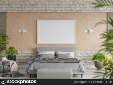 3D illustration Mock up poster frame in bedroom interior, Decorated with beautiful and comfortable furniture, Rendering